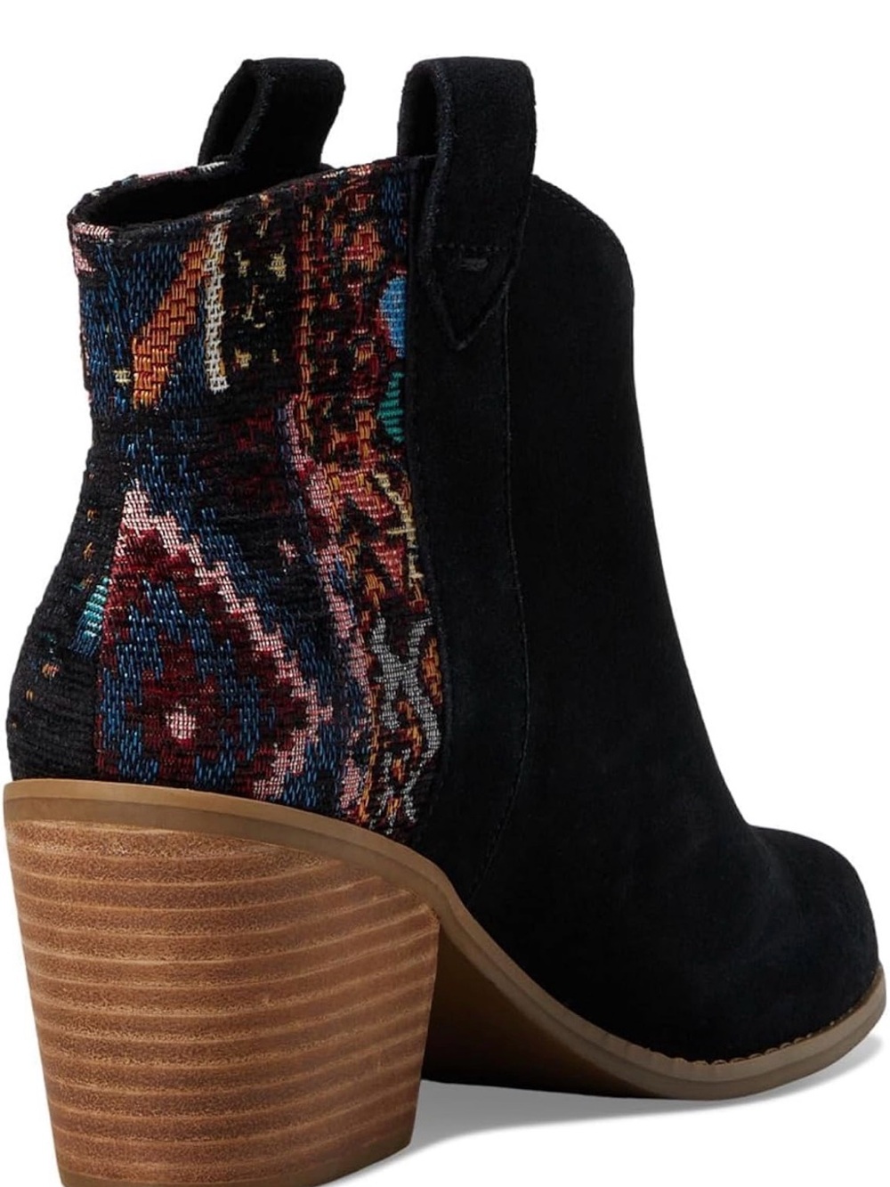 Toms Black Suede Ankle Boot with Multicolor Tapestry Heel